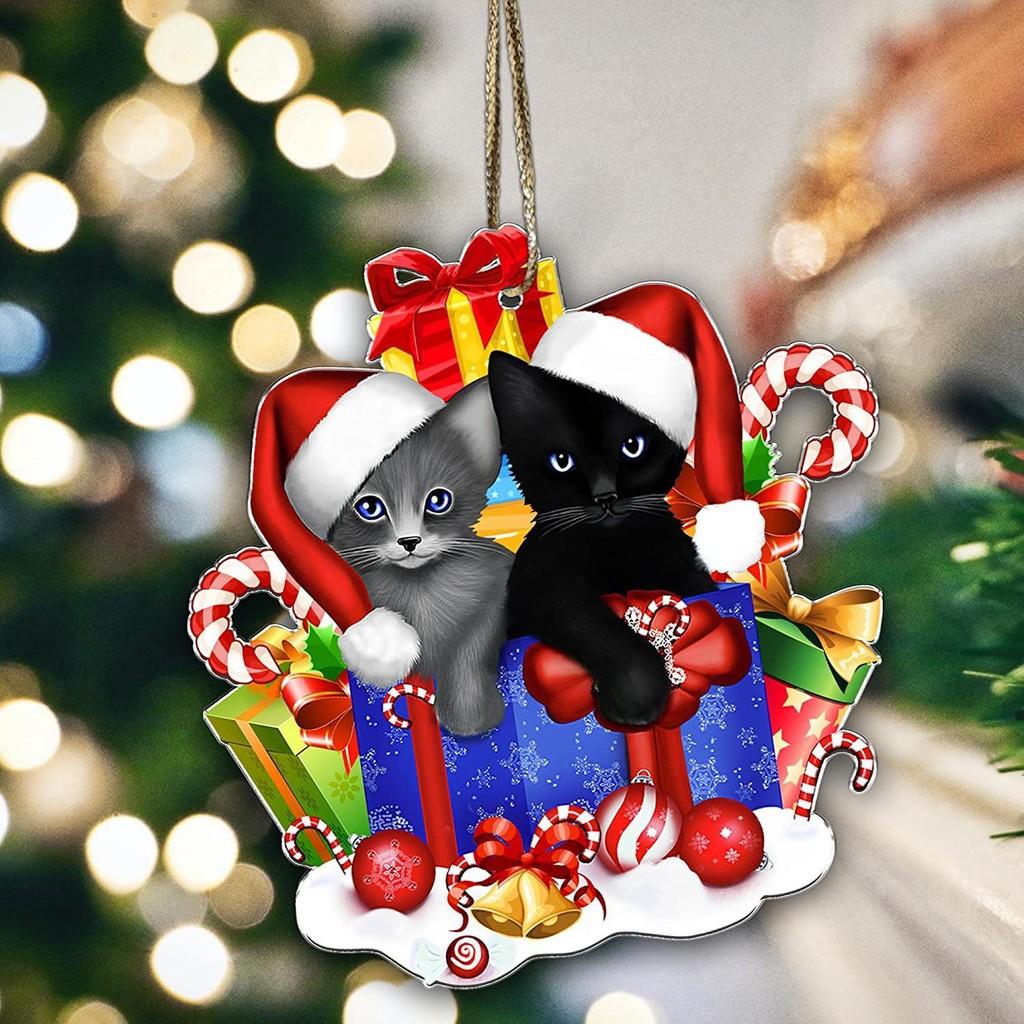 Charming Cartoon Christmas Cat Flat Car Ornament Festive Acrylic Home Decoration