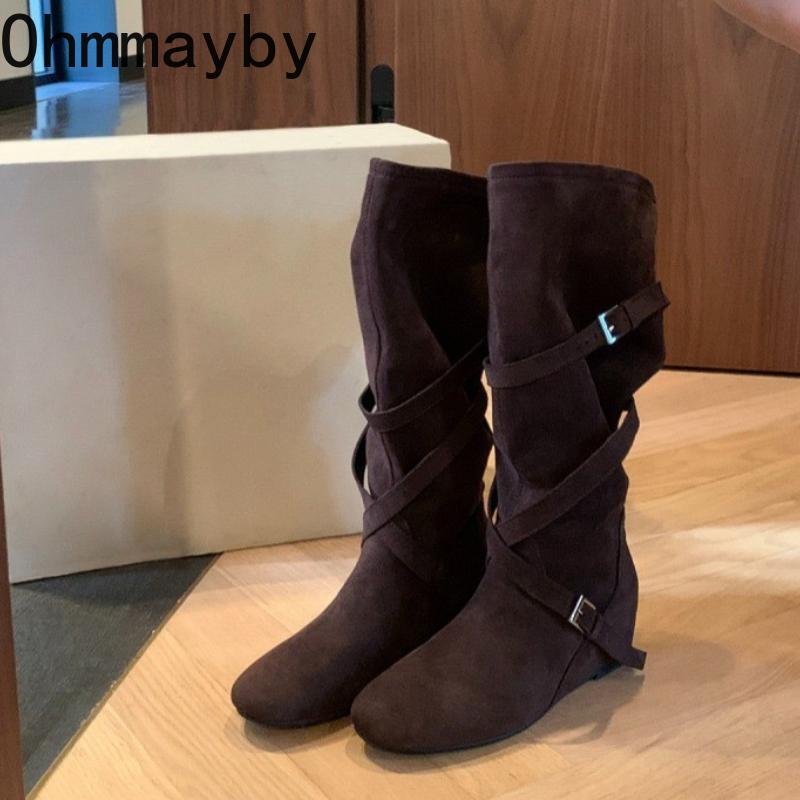 Autumn Winter Women Western Cowboy Boots Fashion Soft Pleated Shoes Female Concise Internal Elevation Long Booties