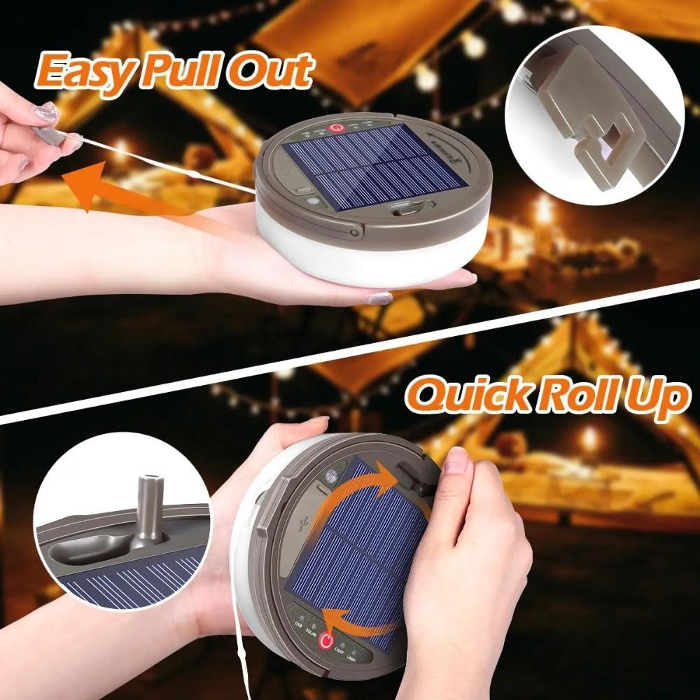 2 in 1 Solar Camping String Lights 8 Modes Outdoor Portable Lights USB Rechargeable Waterproof Camping Lantern Hiking Tent Yard