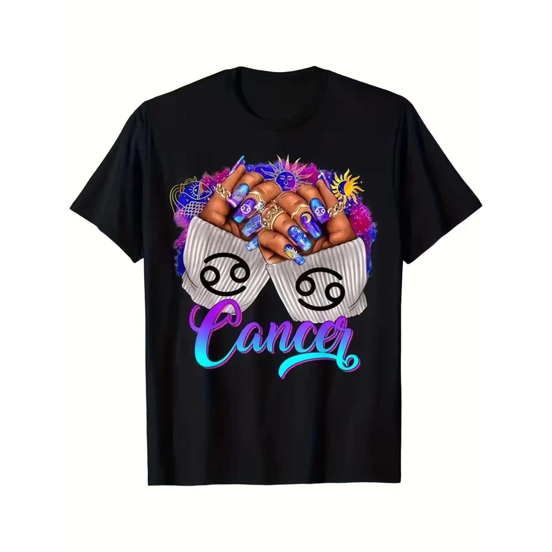 Women s Cancer Zodiac Birthday Queen T-Shirt - Black Short Sleeve Round Neck Tee with Cancer Symbols, Casual Astrology-Themed Top S чёрный