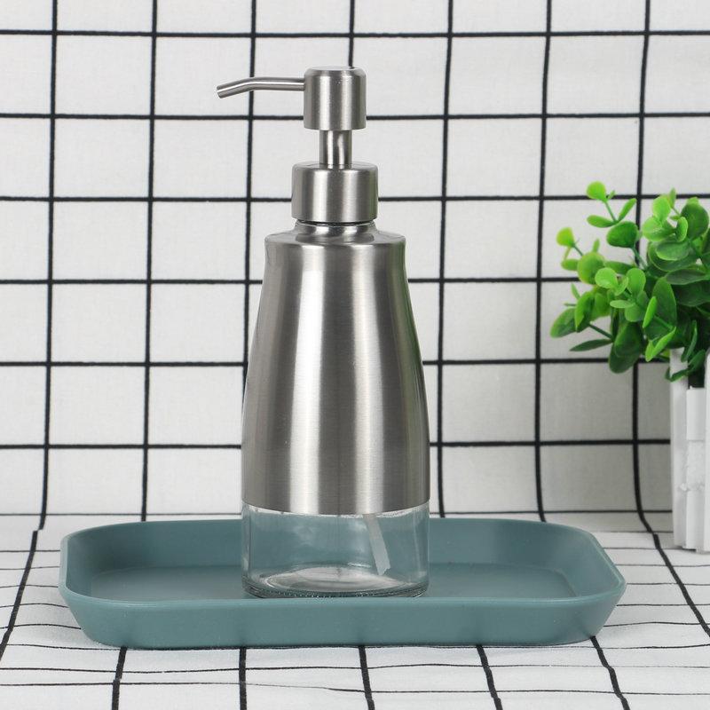 Soap Dispenser, Brushed Nickel Stainless Steel Case Glass Liner Hand Pump Dispenser, Refillable Liquid Hand Soap Dispenser