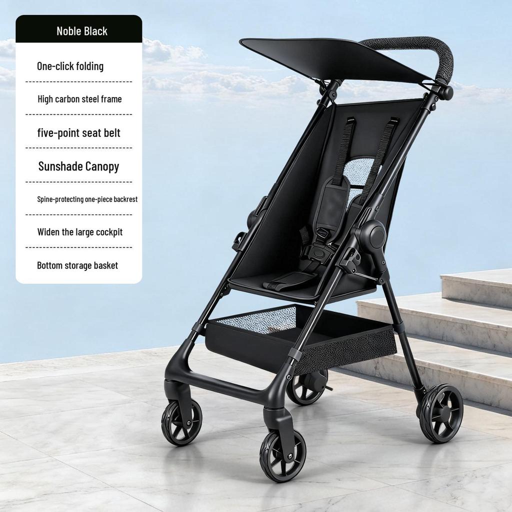 Compact One-Button Folding Baby Stroller: Lightweight, Reclining & Travel-Ready.