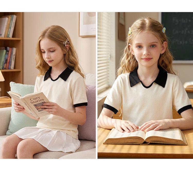 Girls' Academy Style Color Block Polo Shirt - Breathable, Stylish, Versatile Short Sleeve Top