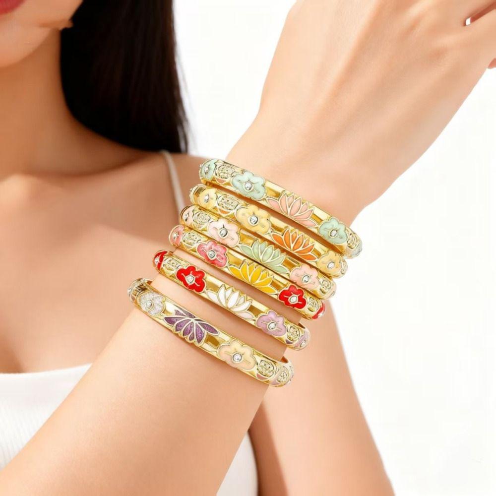 Hollow Out Enamel Floral Bangle Colorful Flower Bangle Vintage Dainty Jewelry Women