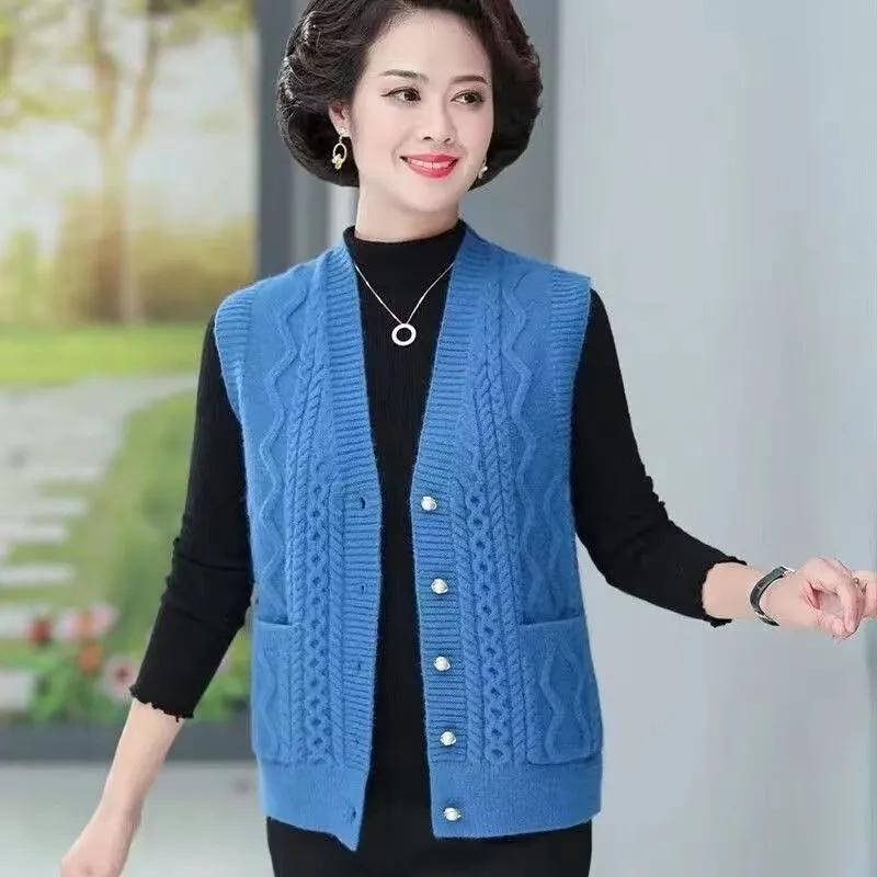 Spring and Autumn Knitted Vest for V-neck Knitted Cardigan Vest for Middle-aged and Elderly Solid Color Vest