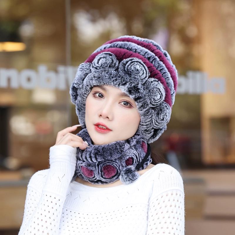 Rex Rabbit Hair Hat Scarf Two-piece Set Women's Winter In The Elderly Mother Grandma Winter Fur Scarf Cover