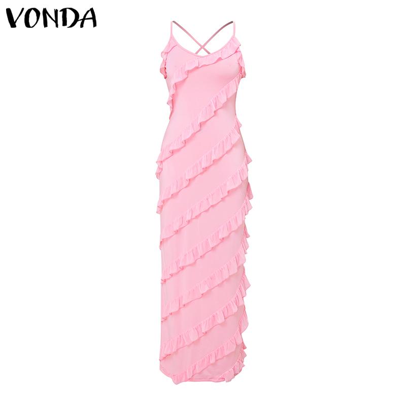 VONDA Women Sling Sleeveless Front Ruffled Thin Bodycon Long Party Dress