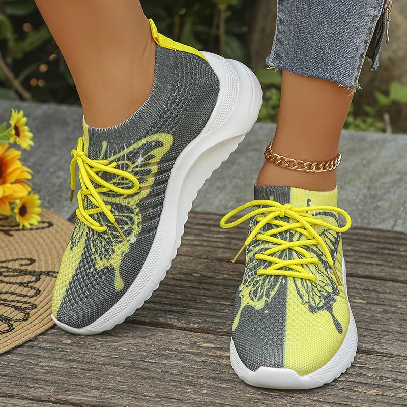 Fashion Fashion Butterfly Print Women's Sports Shoes Summer Mesh Breathable Knitted Sneakers Woman Plus Size Mix Color Platform Sneakers