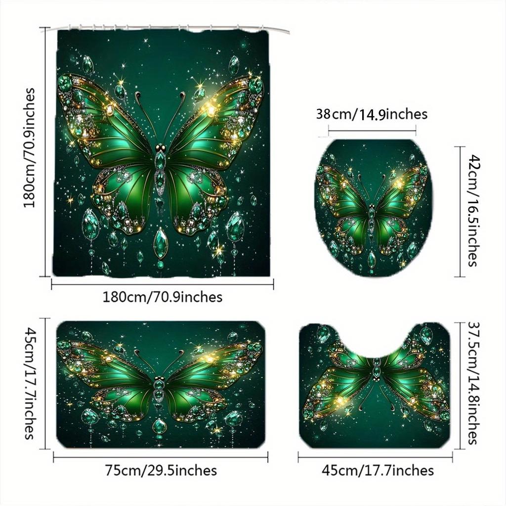 1/4 szt. Luksusowy Zielony Motyl Wodoodporny Zestaw Zasłon Prysznicowych Dekoracyjny Zestaw Łazienkowy Antypoślizgowy Dywanik Pokrowiec na Toaletę Mata do Kąpieli i 12 Haczyków