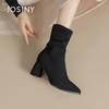 Pile boots women's new autumn and winter velvet retro medium tube simple high heel pointed thick heel short boots black
