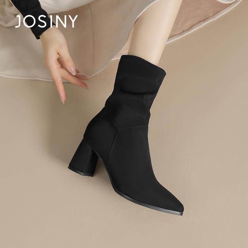 Pile boots women's new autumn and winter velvet retro medium tube simple high heel pointed thick heel short boots black
