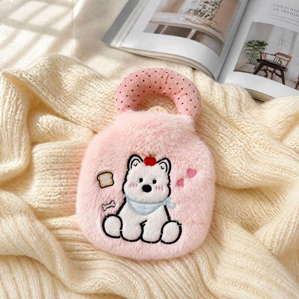 Plush Cartoon Hand Warmers Dog Embroidery Hot Water Bag Portable Water-filling Bottle Female