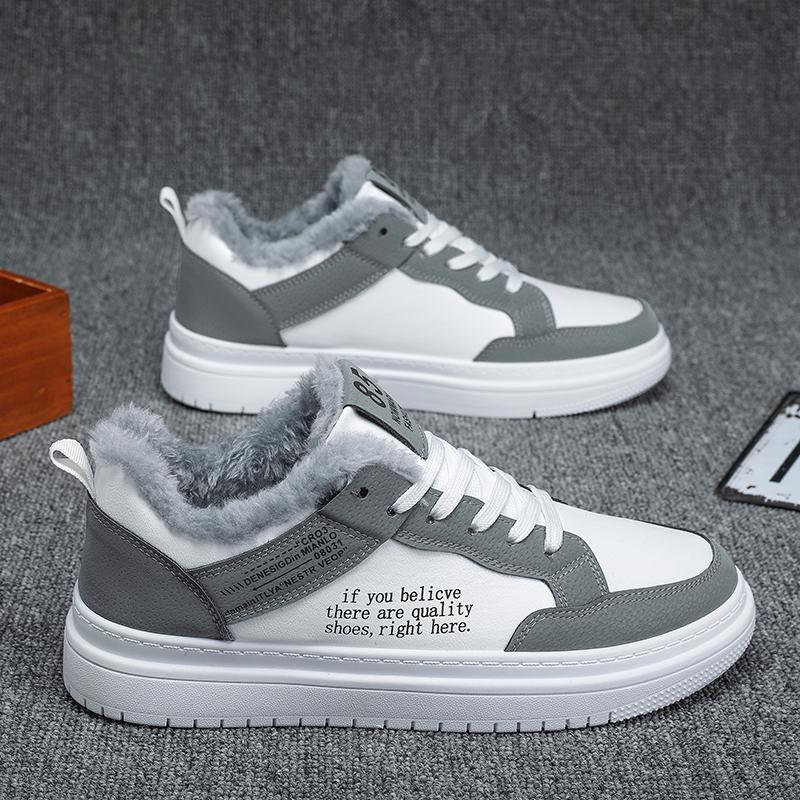 

Plush Men s Skate Flat Shoes Fleece-lined Leather Casual Board Shoes Workwear Sneakers Low-Top Fur Platform Skateboarding 39