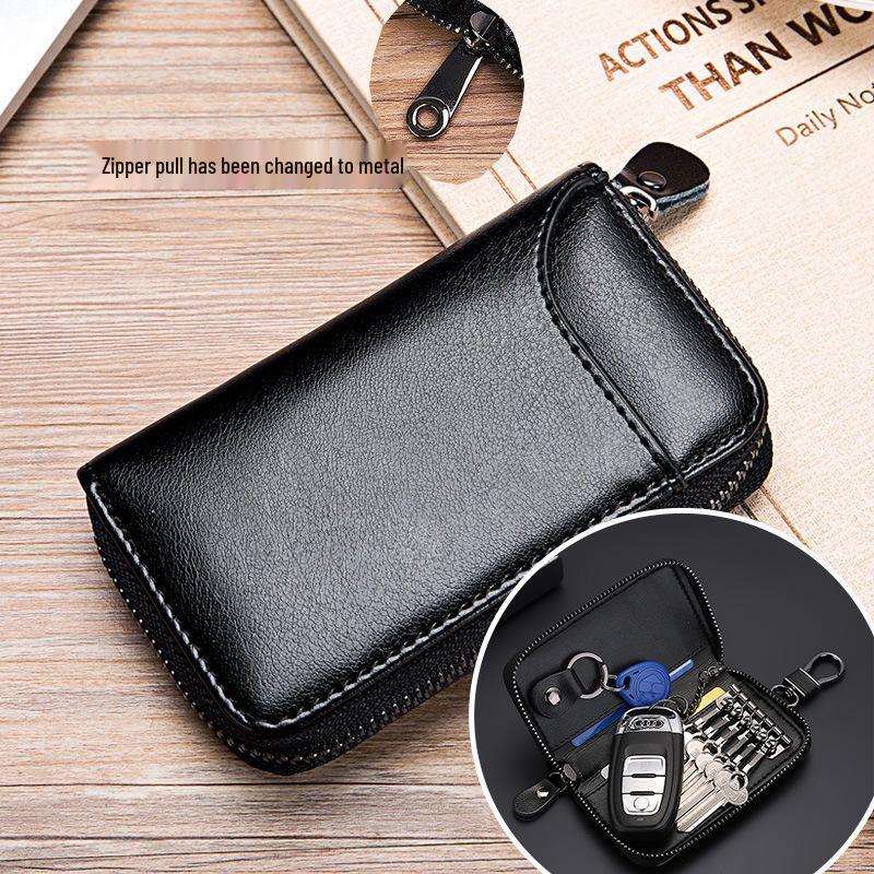 Men's Large Capacity Genuine Cowhide Key and Card Holder with Zipper