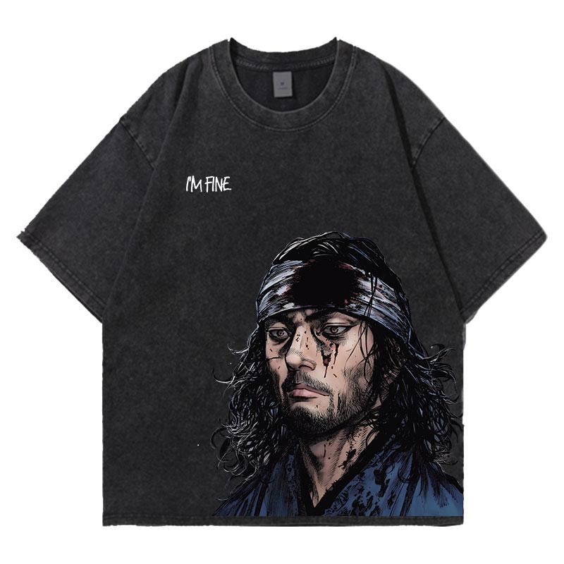 

Аниме Футболки Vagabond с кислотной стиркой Мужские Винтажные Футболки с вываркой Оверсайз Хлопковая Футболка Хлопковая Мода Уличная Одежда Унисекс Топ L