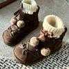 New Winter Women's Boots with Butterfly Knot, Coffee Color,Flat Platform Snow Boots Short Tube Warm Woolen Boots