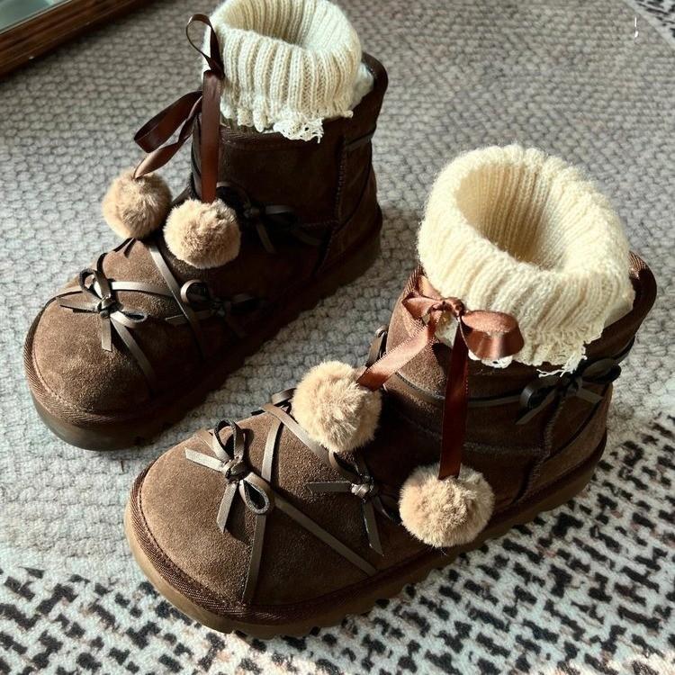 New Winter Women's Boots with Butterfly Knot, Coffee Color,Flat Platform Snow Boots Short Tube Warm Woolen Boots