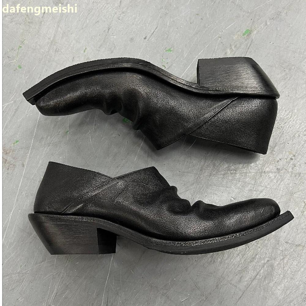 Mocasini de damă cu vârf ascuțit, plisat retro la modă, cu toc gros, slip-on, din piele neagră, pantofi din piele pentru bărbați/femei, balerini din piele naturală, pantofi casual