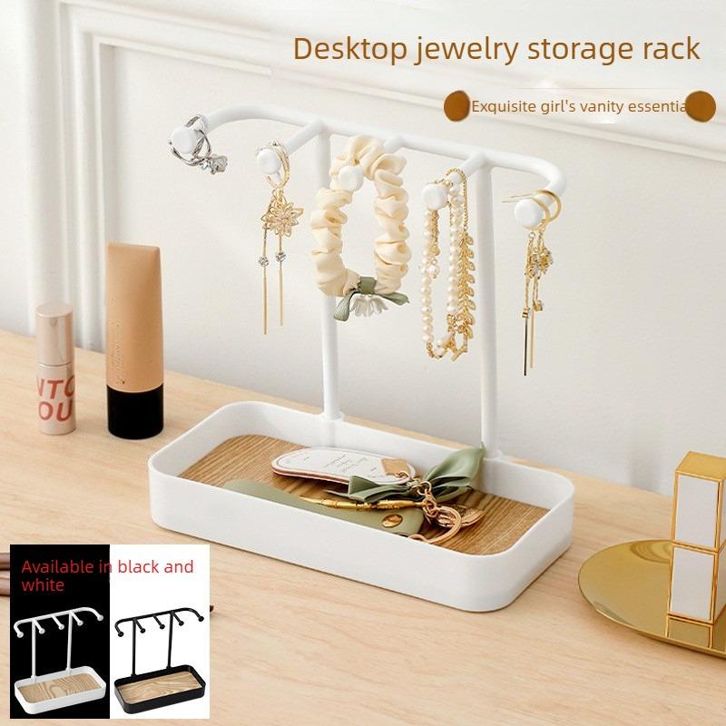 Jewelry Organizer Stand for Necklace Earring Bracelet, Makeup Table Accessories Holder with Wood Tray, Desktop Storage Rack