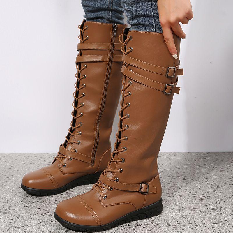 Winter Boots for Women Combat Cowboy Knee High Long Artificial Leather Platform Shoes Black Gothic Rock Punk Solid Women's Boots