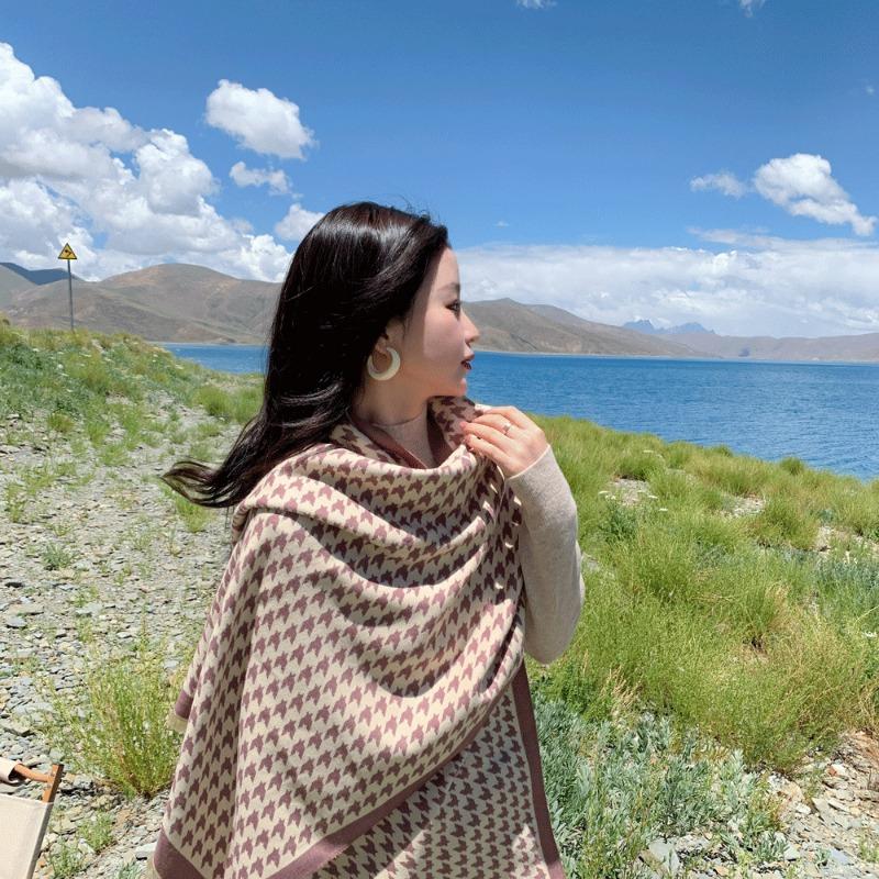 

Autumn and winter imitation cashmere thousand bird grid jacquard large shawl women s fashion versatile enlarged thickened warm scarf scarf 180cm