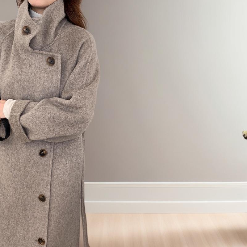 Dámský kašmírový vlněný kabát oboustranný ve stylu korejského stojáčku, jednořadé zapínání, luxusní pro podzim/zimu 2025
