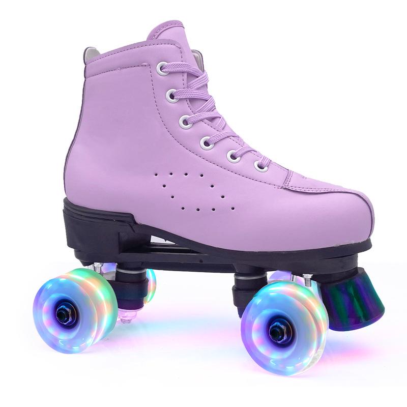 Adult Unisex Double Row Roller Skates, Breathable Purple Leather, Jelly Wheels, Four-Wheel Design