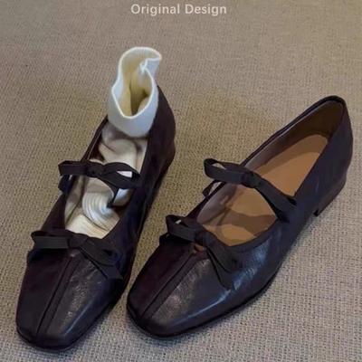 Leather Ballet Shoes Women's Soft Sole Inner Height Increase 5cm with Skirt Retro Mary Jane Shoes Bow Shoes
