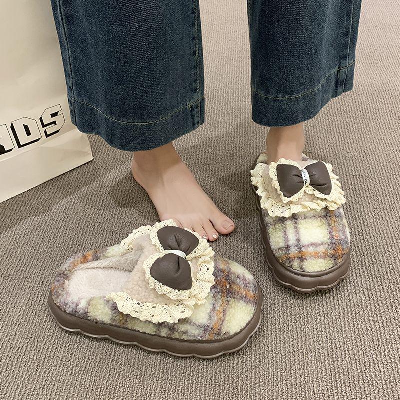 

Women s Cotton Slippers Autumn/Winter 2025: Korean Style with Lace Bow, Thick Non-Slip Sole, Warm for Indoor Use. 36/37 (fits usual 35/36)