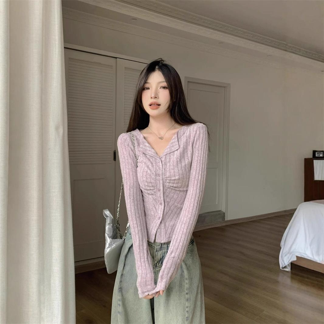 

Sweet and cool Spice Girl cardigan V-neck long-sleeved knitted sweater women s autumn new loose waist folds and thin one size fits all рожевий