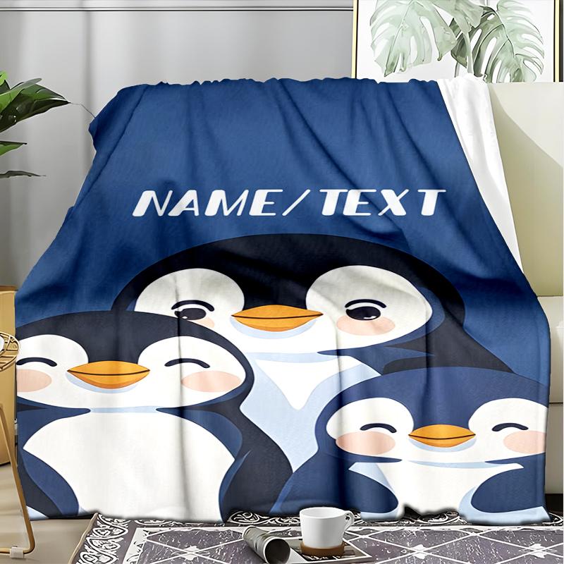 1PC Custom Name Penguin Family Portrait outdooor Flannel blankets Throw Blanket All-Season Throw Gift Bedspread for Couch, Bed, Camping Holiday Birthd