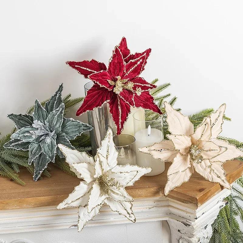 2025 Christmas High-end Flannelette Simulation Flower 28cm Golden Champagne Christmas Tree Decoration Flower Arrangement