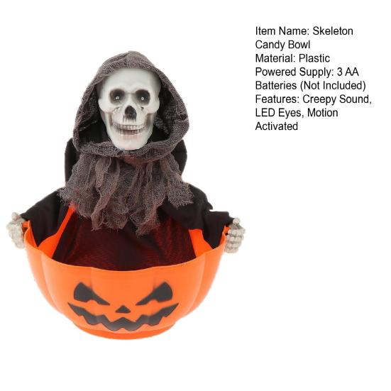 Halloween Skeleton Candy Bowl Animated Skull Candy Dish with Motion Activated Horror Halloween Candy Server with LED Eyes And Creepy Sound