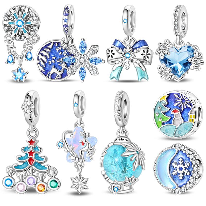 Copper Christmas Series Charms Blue Snowflakes Pendant Jewellery Fit Original Bracelet Necklace For Women Diy Gift