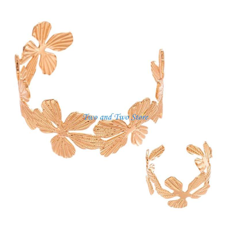 HX6F Artistics Metal Floral Bracelet Rings Pair Adjustable Designs Comfortable Daily Wear Accessories