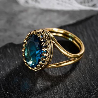 CAOSHI Metallic Gold Color Rings for Women Vintage Style Finger Accessories with Big Oval Blue Cubic Zirconia Chic Party Jewelry