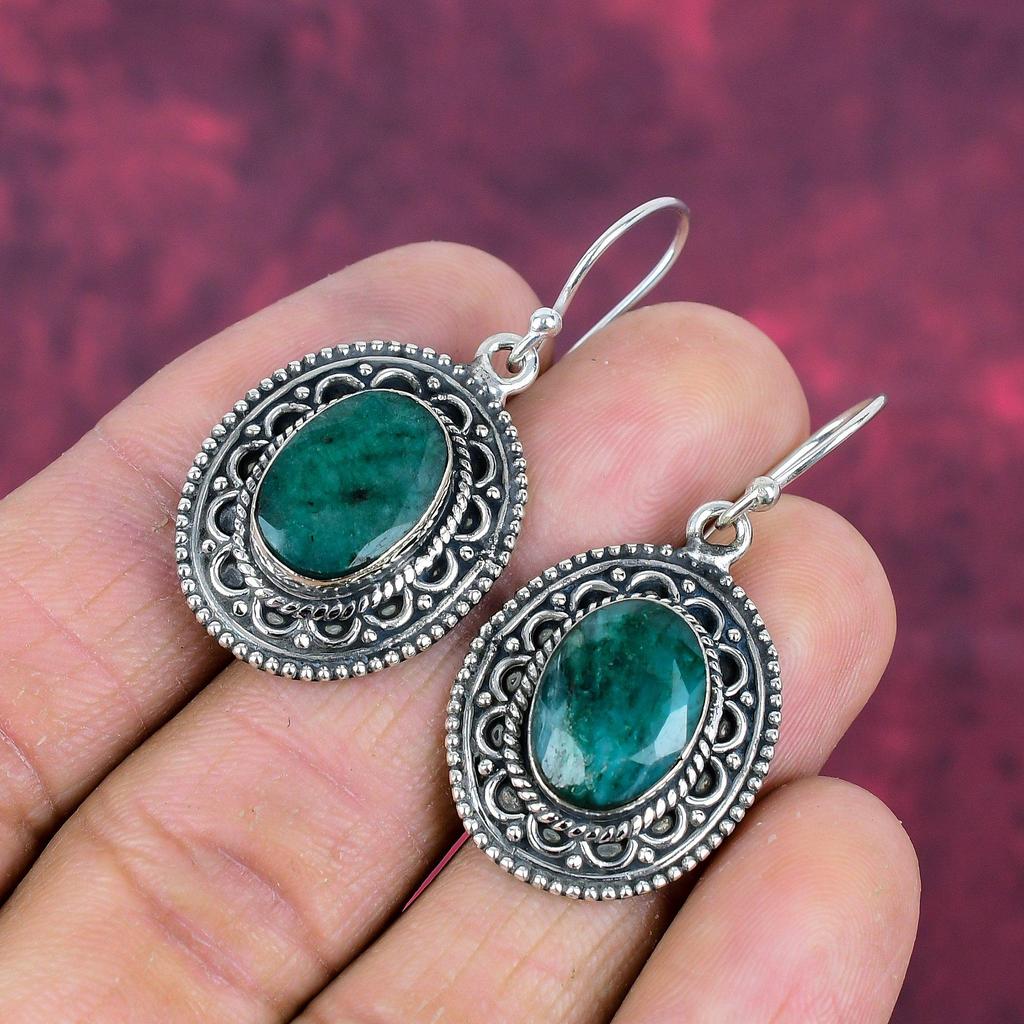 Emerald 925 Solid Sterling Silver Earrings, Handmade Gemstone Earrings Jewelry, Gifts For Wife Brand New Earrings