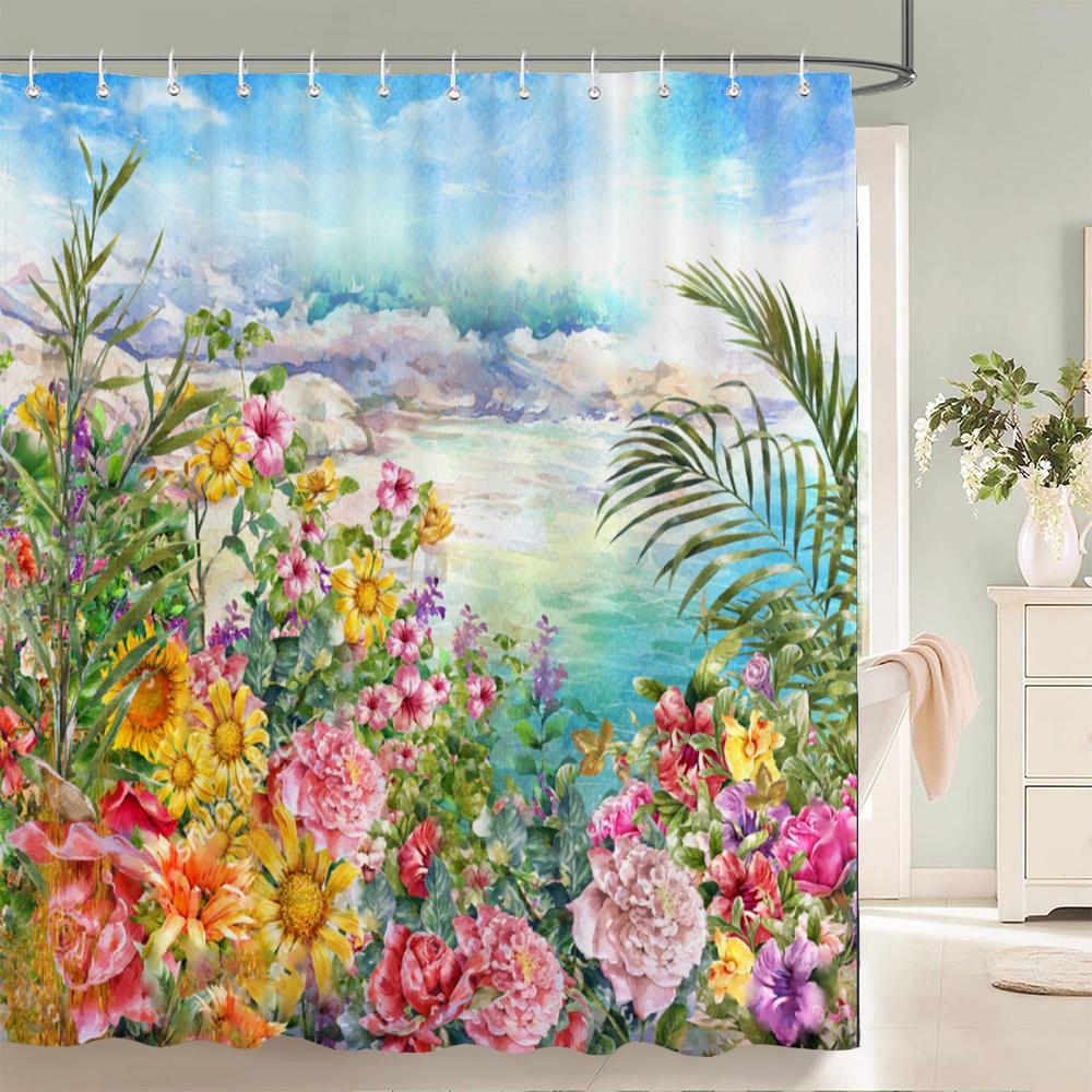 Flowers Butterfly Pattern Shower Curtains Bathroom Curtains Waterproof Polyester Bath Curtain with 12 Hooks Shower Curtain