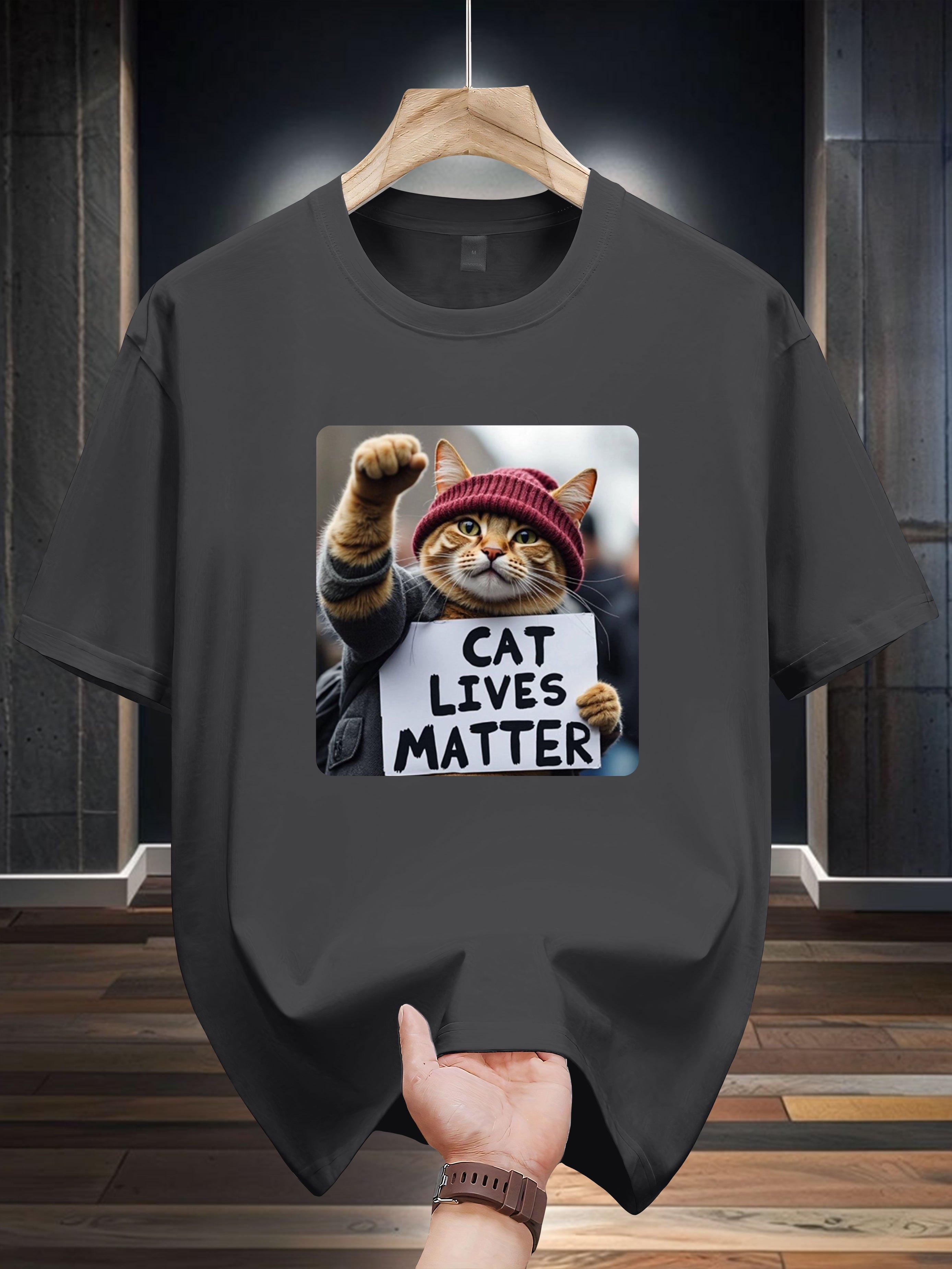 

200g 100% Cotton Cat Lives Matter Graphic T-shirt - Black Casual Short Sleeve Round Neck Summer Tee with Protest Cat Design XL