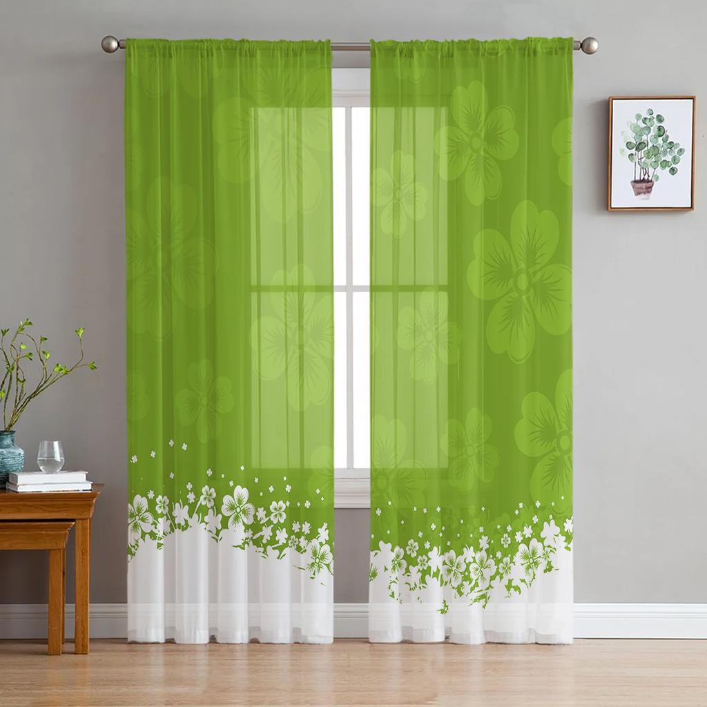 St Patrick Day Curtains Living Room Kitchen Clover Leaves Tulle Luck Wealth Irish Design Chiffon Curtain Light Filtering Polyester Area Window