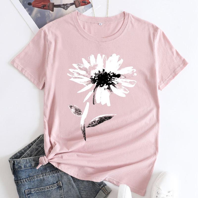 Summer Round Neck Floral Print Top Fashionable Casual Short Sleeved Women's Pure Cotton T-shirt