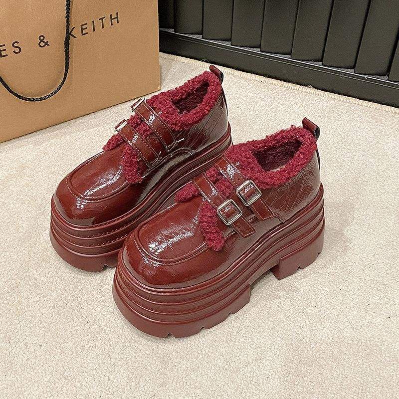 Heel Women's Shoes Platform Loafers 2025 Winter New Brown Small Leather Shoes Velvet Warm British Cotton Shoes