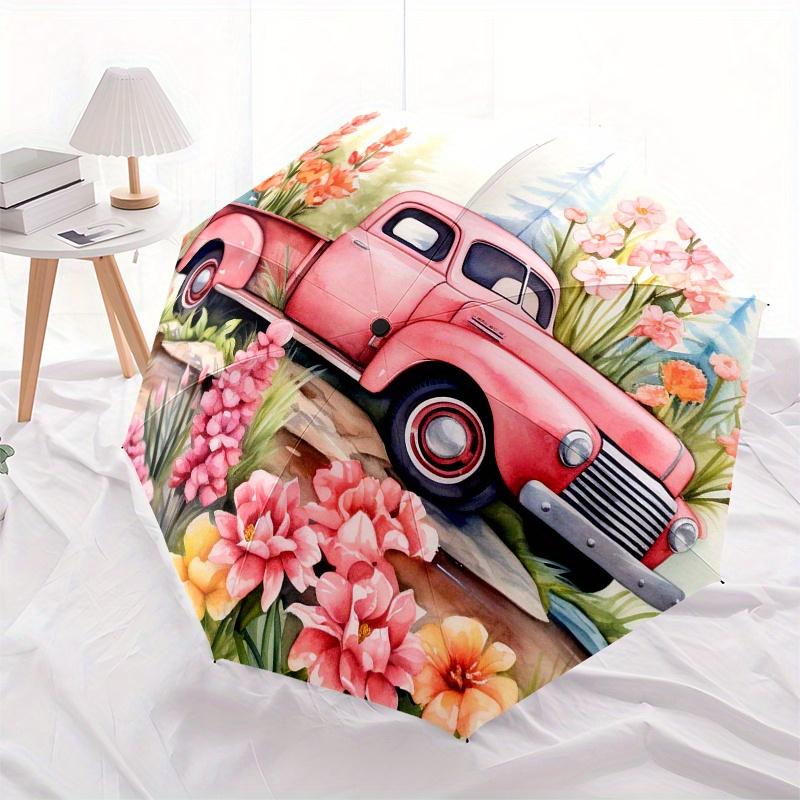 Vintage Pink Truck with Flowers - Circular  DecorUmbrella, Portable 3-Fold Compact Umbrella,Christmas Gift ES635