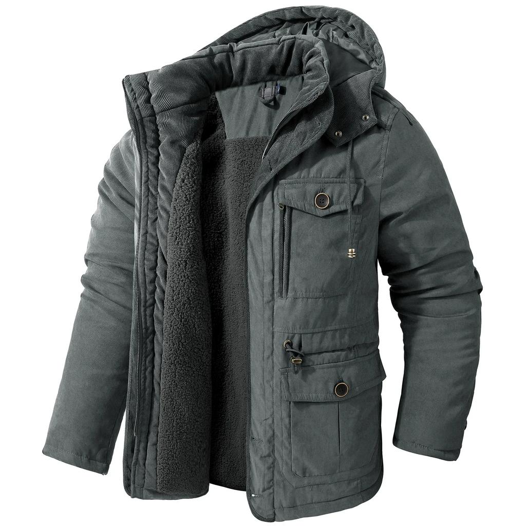 Winter Men's Jacket Large Size Warm Hooded Thickened Multi Pocket Casual Mid Length Coat