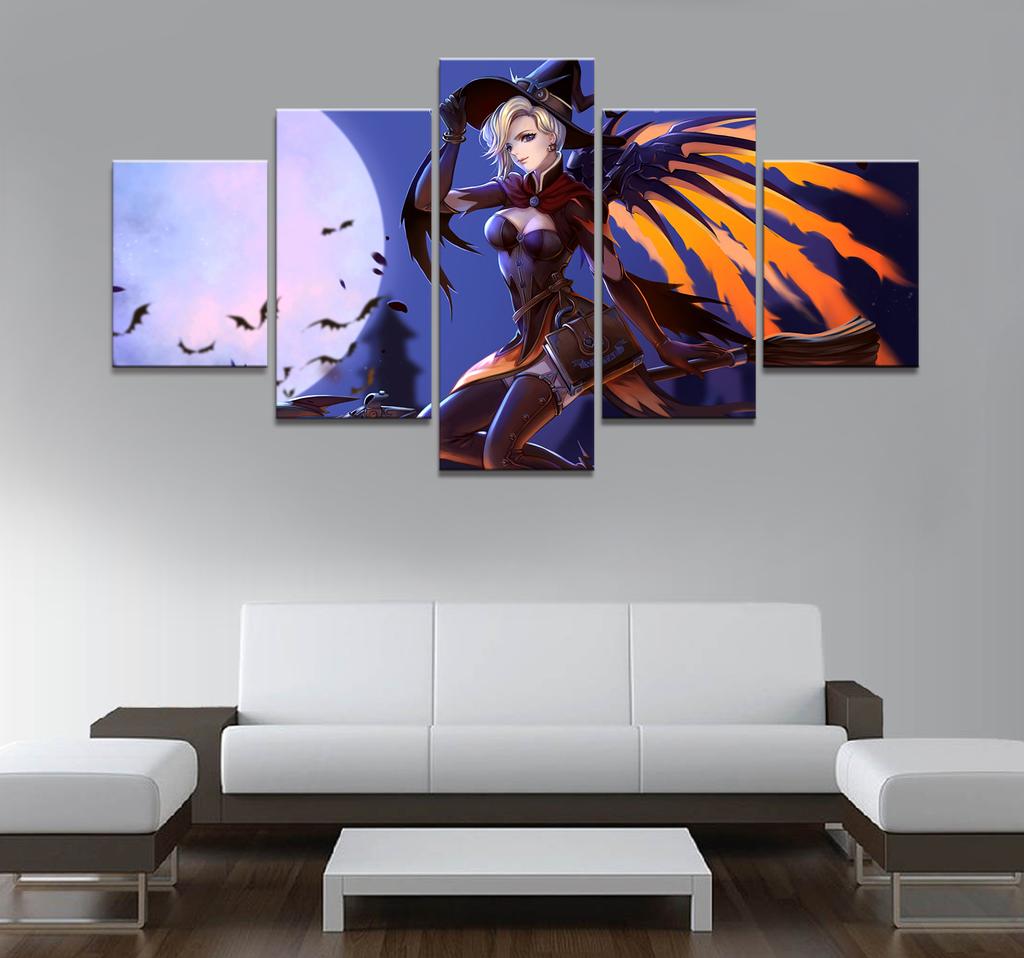 Home Decor Poster Pictures Prints Canvas 5 Piece Modular Sorceress Mercy Overwatch Game Living Room Decorative Painting No Frame