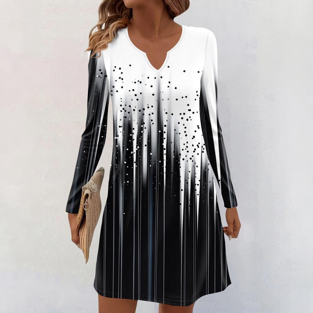 Women's Long-sleeved Casual Midi Dresses V-Neck Print  Casual Dress