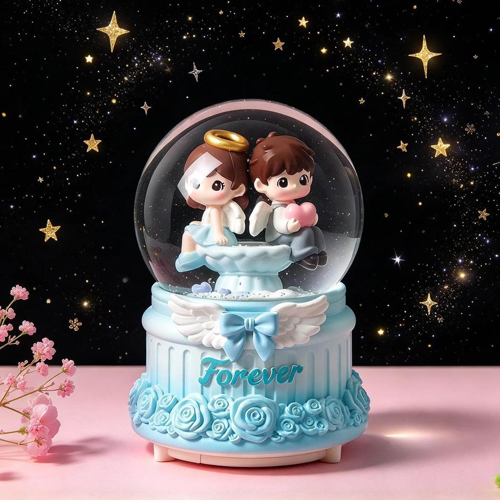Cartoon Couple Crystal Ball Resin Snow Globe Music Box Toy