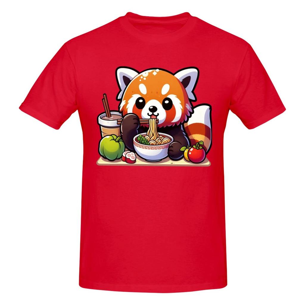 Unisex Kawaii Red Panda Eating RaUnisex Noodles Trendy T Shirt Streetwear Oneck Cotton T Shirts