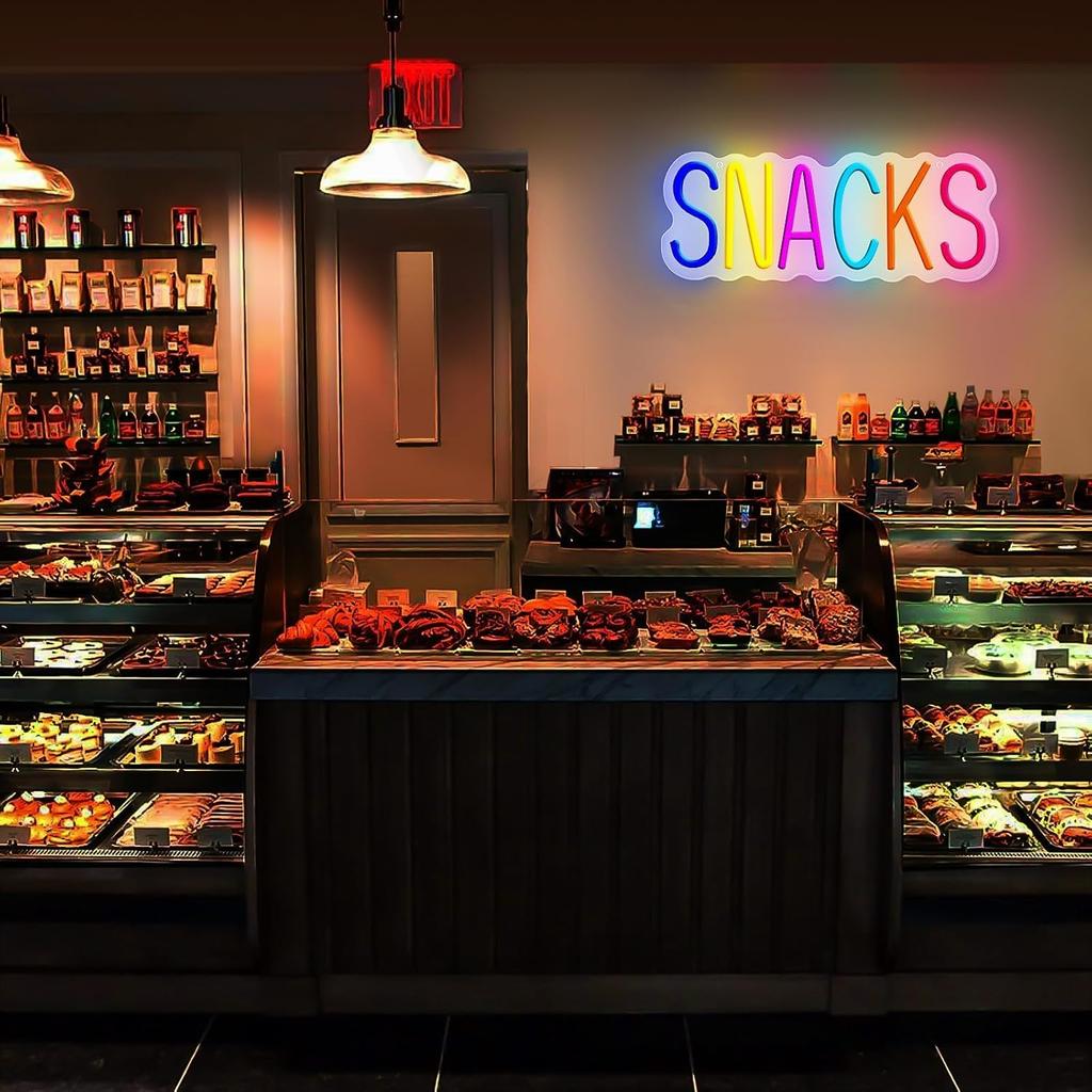 Snacks Neon Sign, Snack Bar Sign Wall Decor, Dimmable USB Powered Neon Light for Candy Cake Shop Coffee Bars Decoration