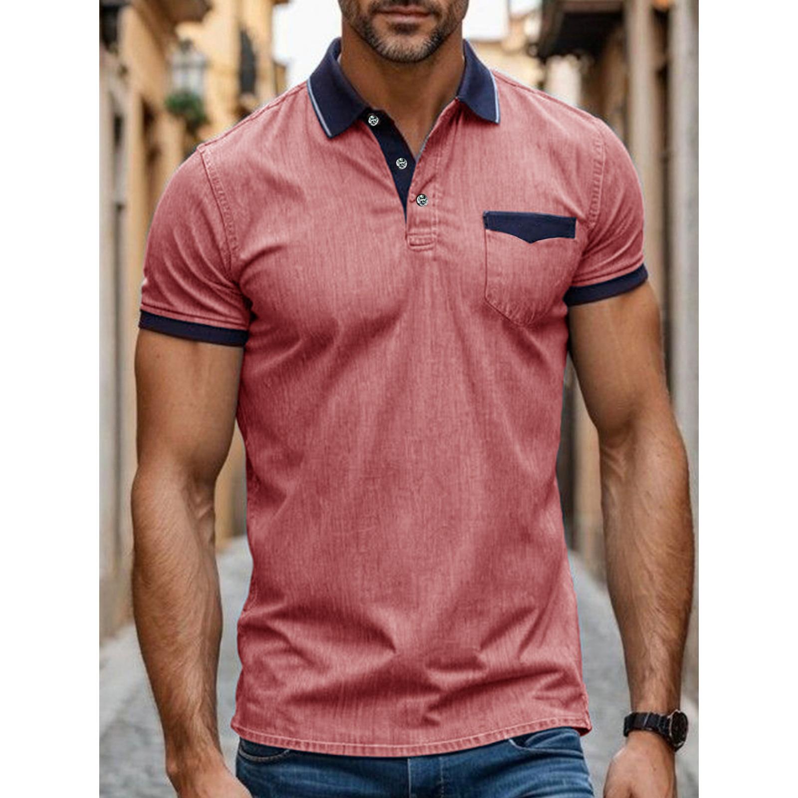 Men s Casual Multi-color Stretch Denim Shirt - Men s Fitted Round-neck T-shirt Short-sleeved Top XL арбуз красный